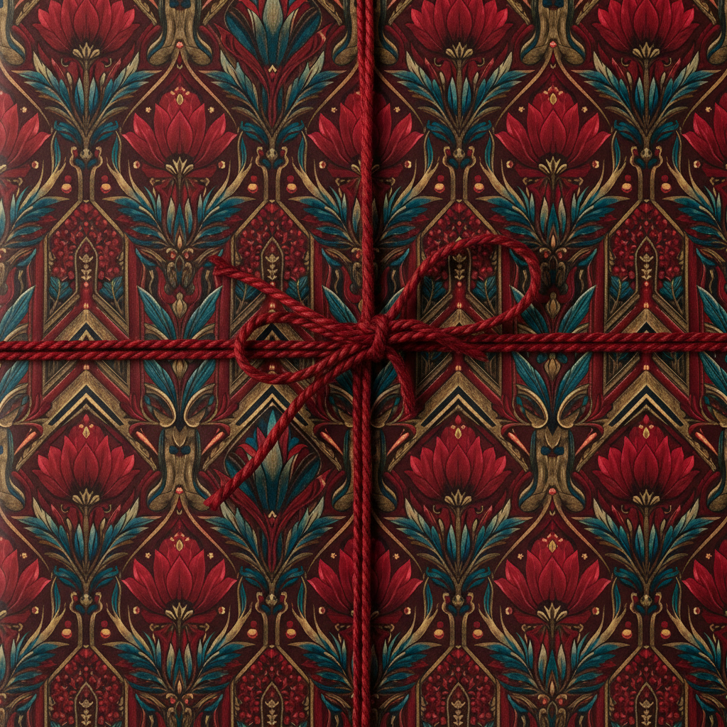 Close-up of a gift wrapped in elegant floral wrapping paper with a rich red twine bow.