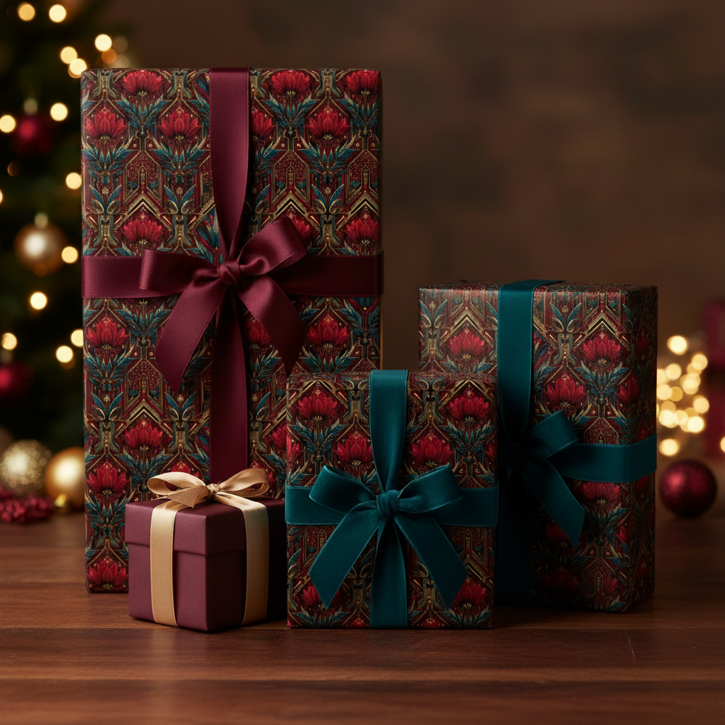 Elegant gifts wrapped in floral Christmas wrapping paper with satin ribbon bows in a festive setting.