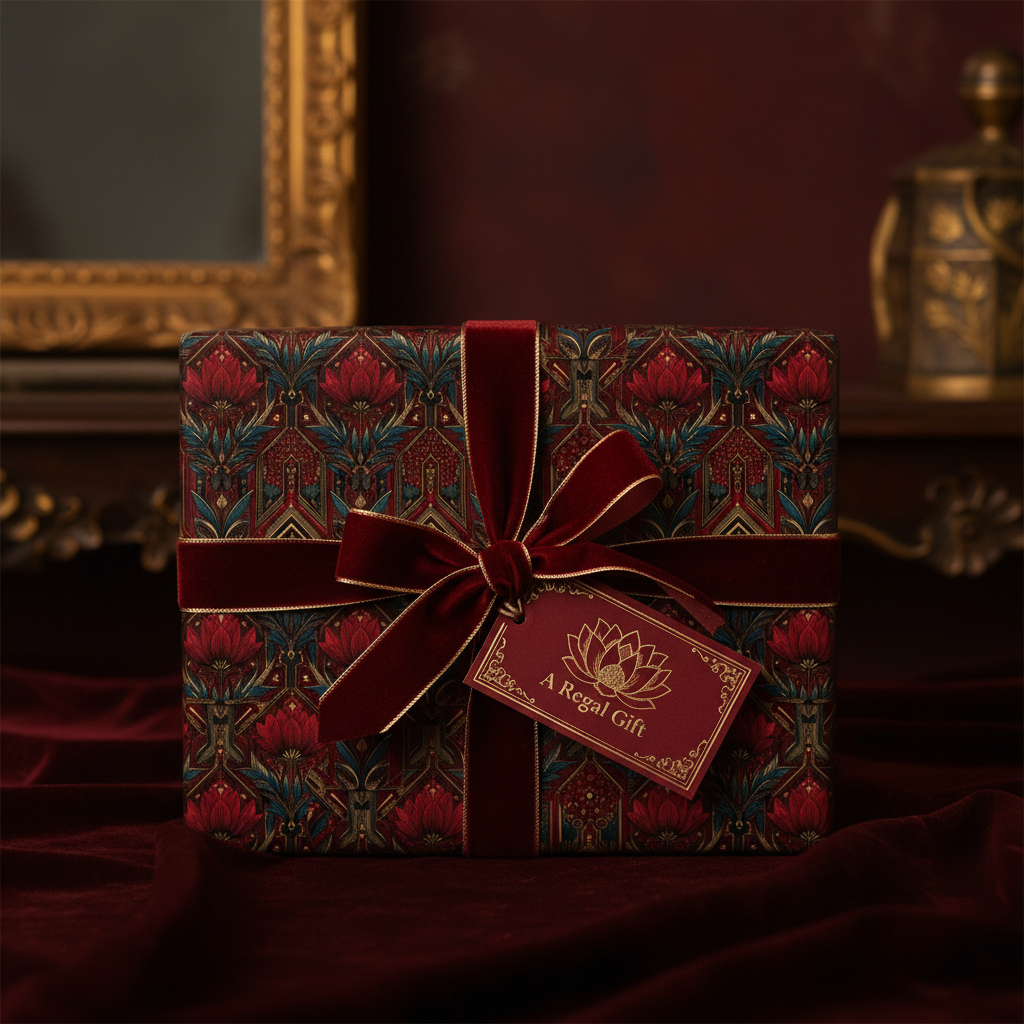 Elegant gift box wrapped in vintage-style floral wrapping paper with a red velvet ribbon and gift tag.