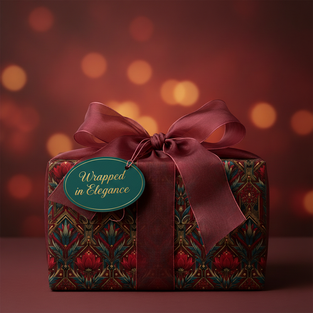 Elegant gift box wrapped in floral wrapping paper with a satin ribbon, perfect for luxurious presents.