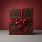 Elegant square gift wrapped in deep red floral wrapping paper with ruby satin ribbon and bow.