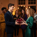 Woman giving luxury gift wrap with ribbon to man at elegant party.