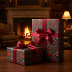 Elegant floral wrapping paper with burgundy ribbon on gifts, displayed in a cozy home setting.