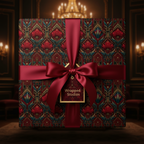 Elegant gift wrapped in red floral luxury wrapping paper, tied with satin ribbon in formal setting.