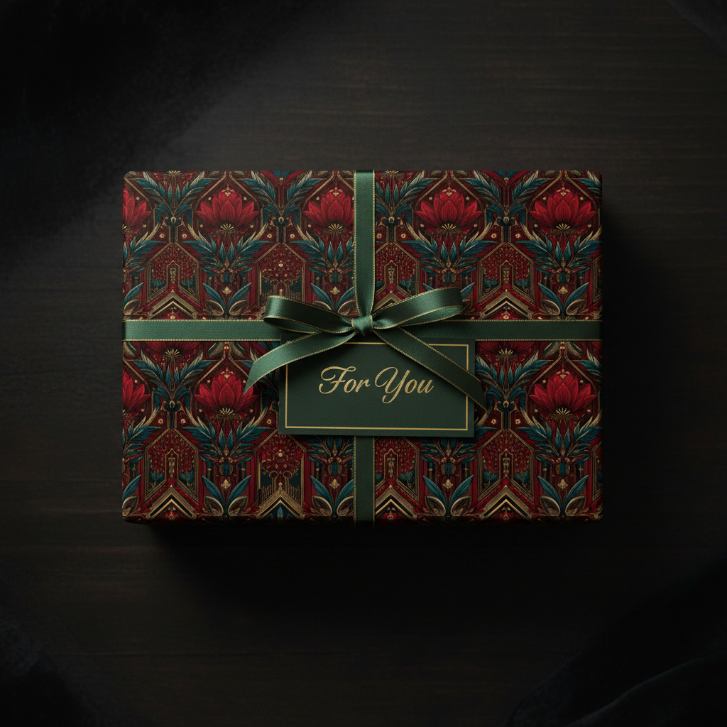 Elegant gift box wrapped in red floral wrapping paper with a dark green ribbon and "For You" tag.