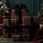 Elegant Christmas gifts wrapped in floral wrapping paper with black velvet ribbon.