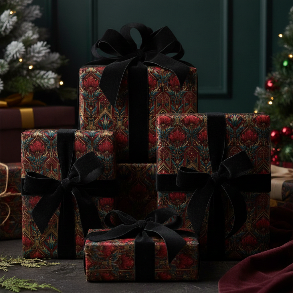 Elegant Christmas gifts wrapped in floral wrapping paper with black velvet ribbon.