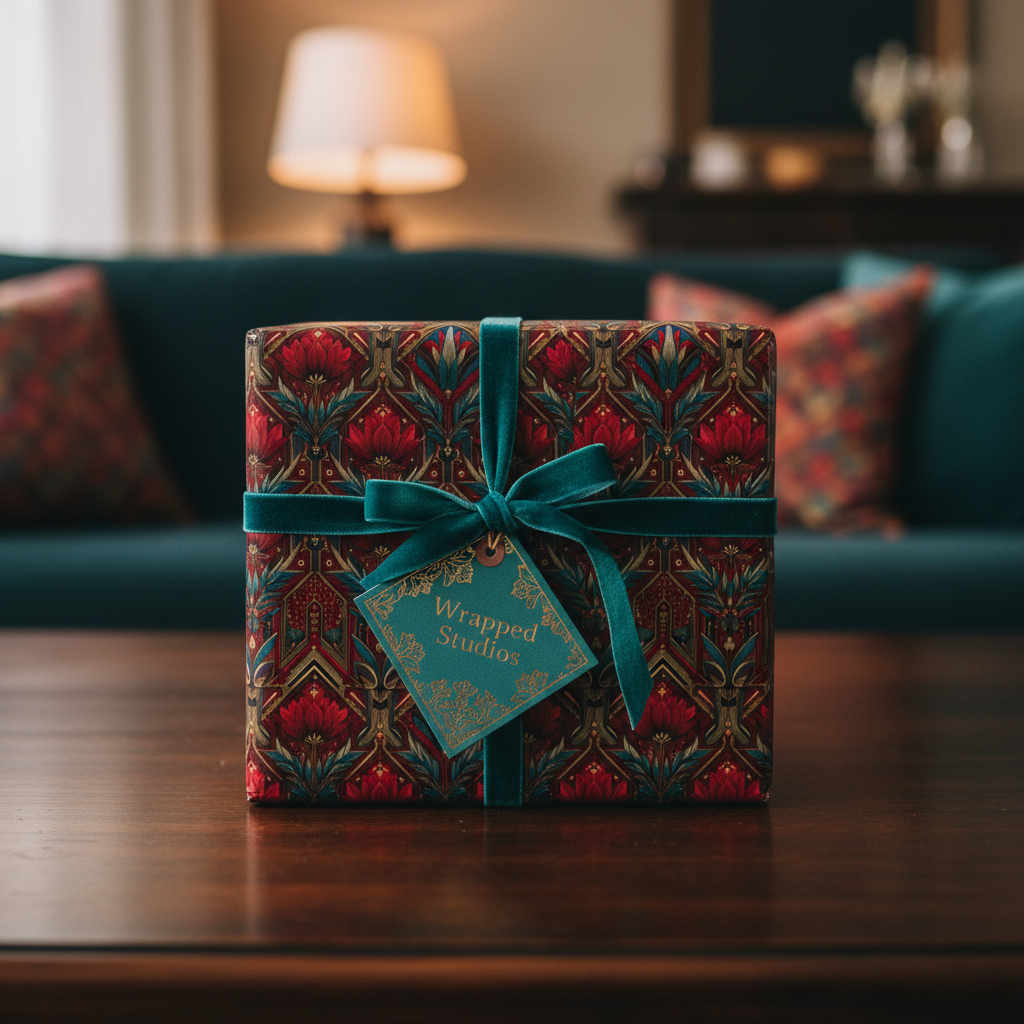 Elegant gift wrapped in red floral wrapping paper with a velvet teal ribbon and matching gift tag.