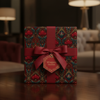 Elegant gift wrapped in deep red floral wrapping paper with a matching satin ribbon and bow.