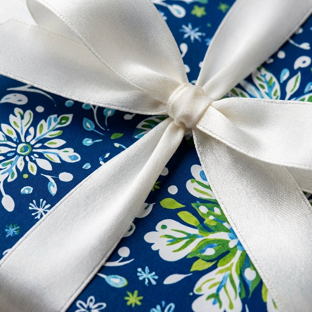 Blue floral wrapping paper with white satin ribbon.