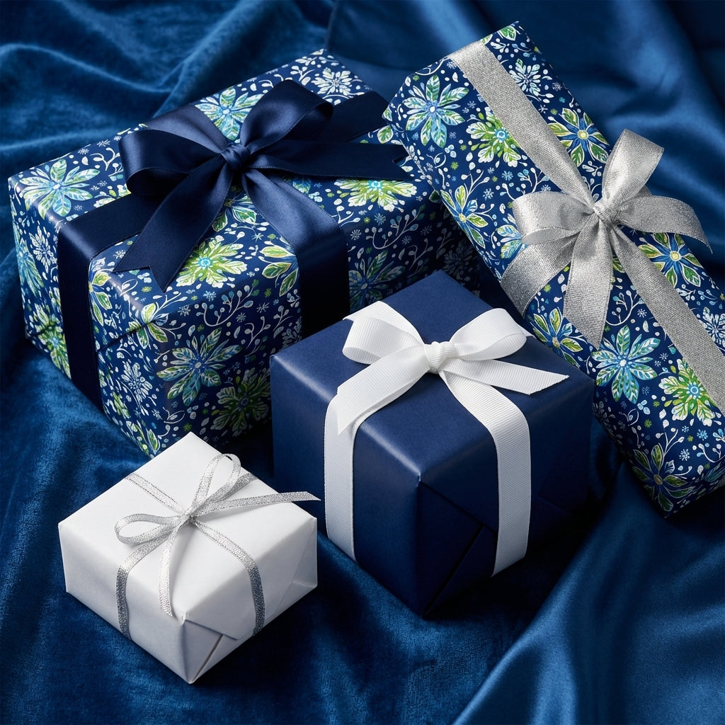 Wrapped gifts using floral wrapping paper with navy, silver, and white ribbon.