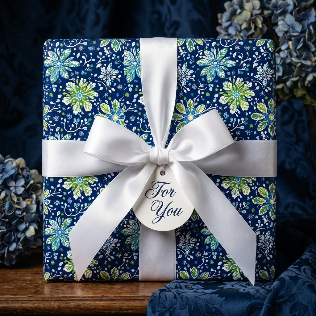 Navy floral wrapping paper with a white satin ribbon and "For You" tag.