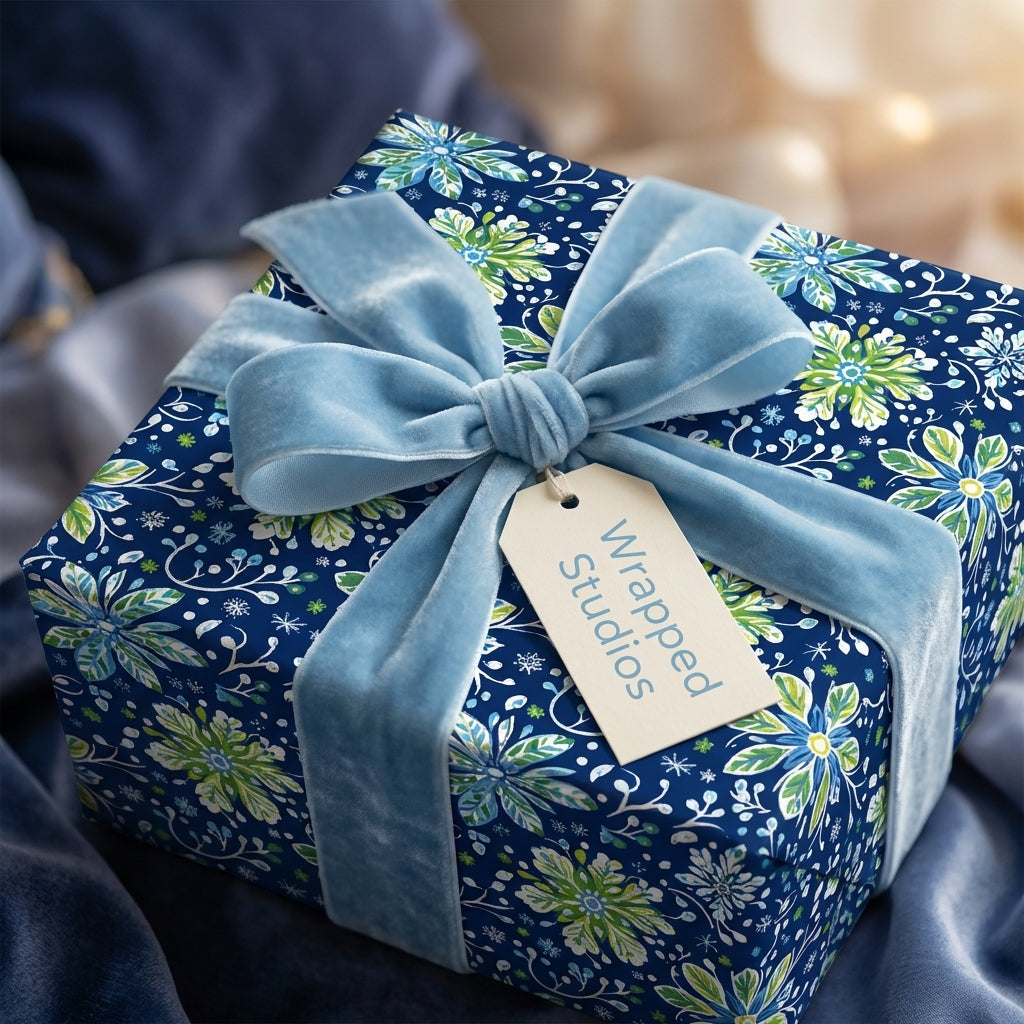 Wrapped Studios floral wrapping paper in navy, with light blue velvet ribbon for elegant gifts.