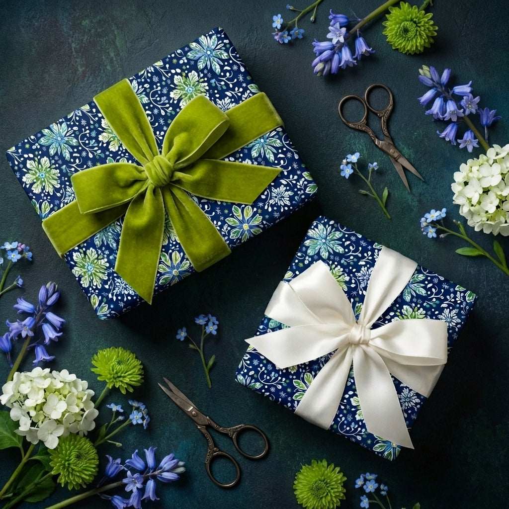 Navy blue floral wrapping paper with velvet bows. Wrapped Studios gift wrap.