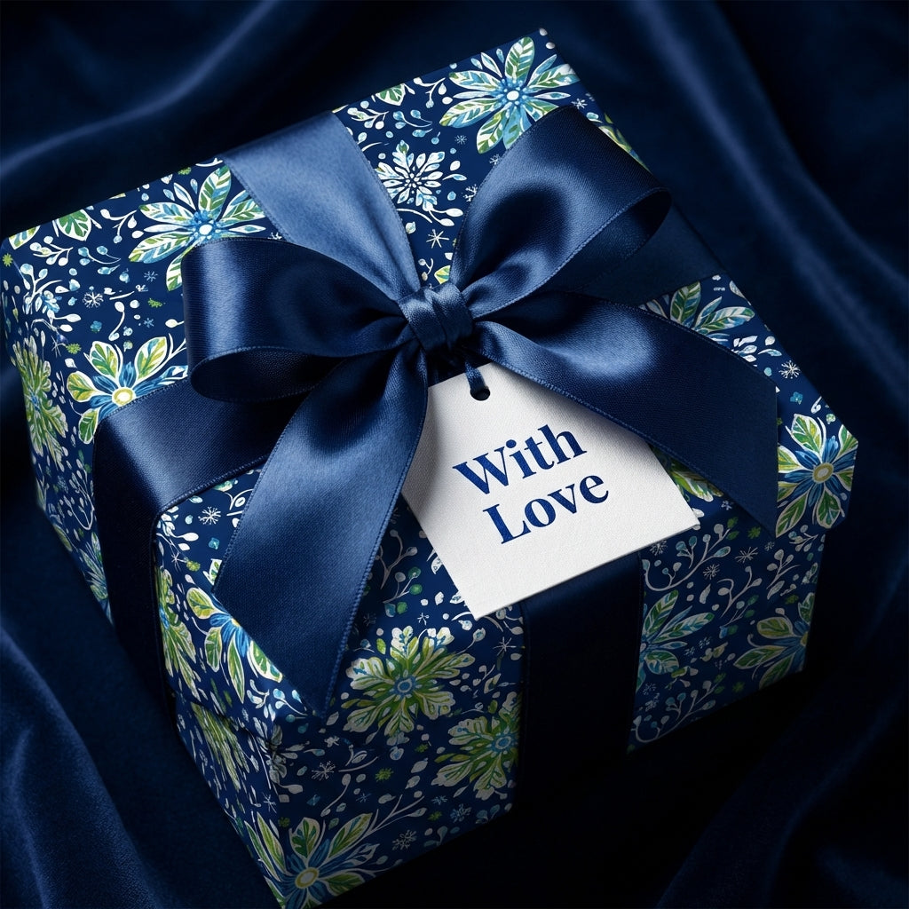 Elegant floral wrapping paper with a navy satin bow and "With Love" tag. Wrapped Studios.