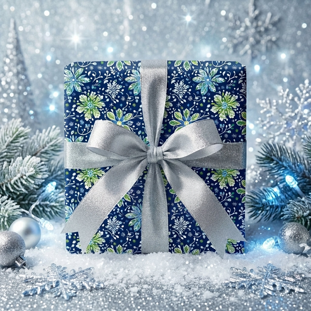 Navy blue floral Christmas wrapping paper with silver ribbon from Wrapped Studios.