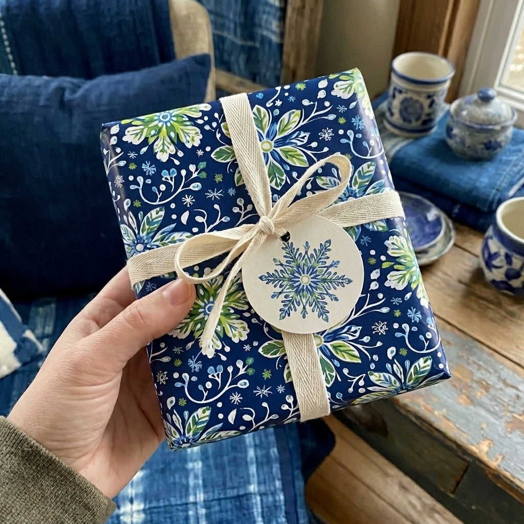 Navy floral wrapping paper with a snowflake tag and cream ribbon, Wrapped Studios.
