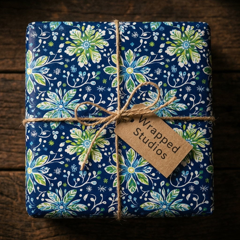 Navy floral wrapping paper from Wrapped Studios with twine bow on rustic wood.