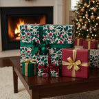 Gifts wrapped in floral wrapping paper with green & gold ribbons, arranged near Christmas tree & fireplace.