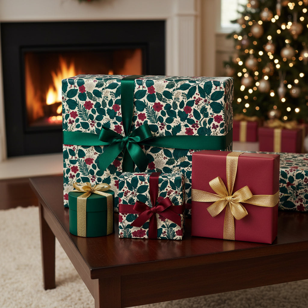 Gifts wrapped in floral wrapping paper with green & gold ribbons, arranged near Christmas tree & fireplace.