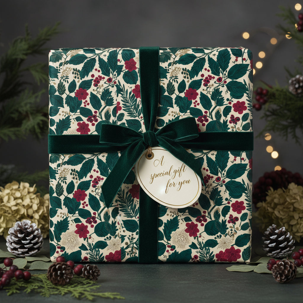 Elegant floral wrapping paper with dark green velvet ribbon and gift tag, perfect for Christmas gifts.