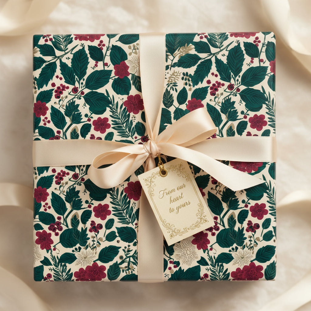 Elegant floral wrapping paper with a cream ribbon and a "From our heart to yours" gift tag.