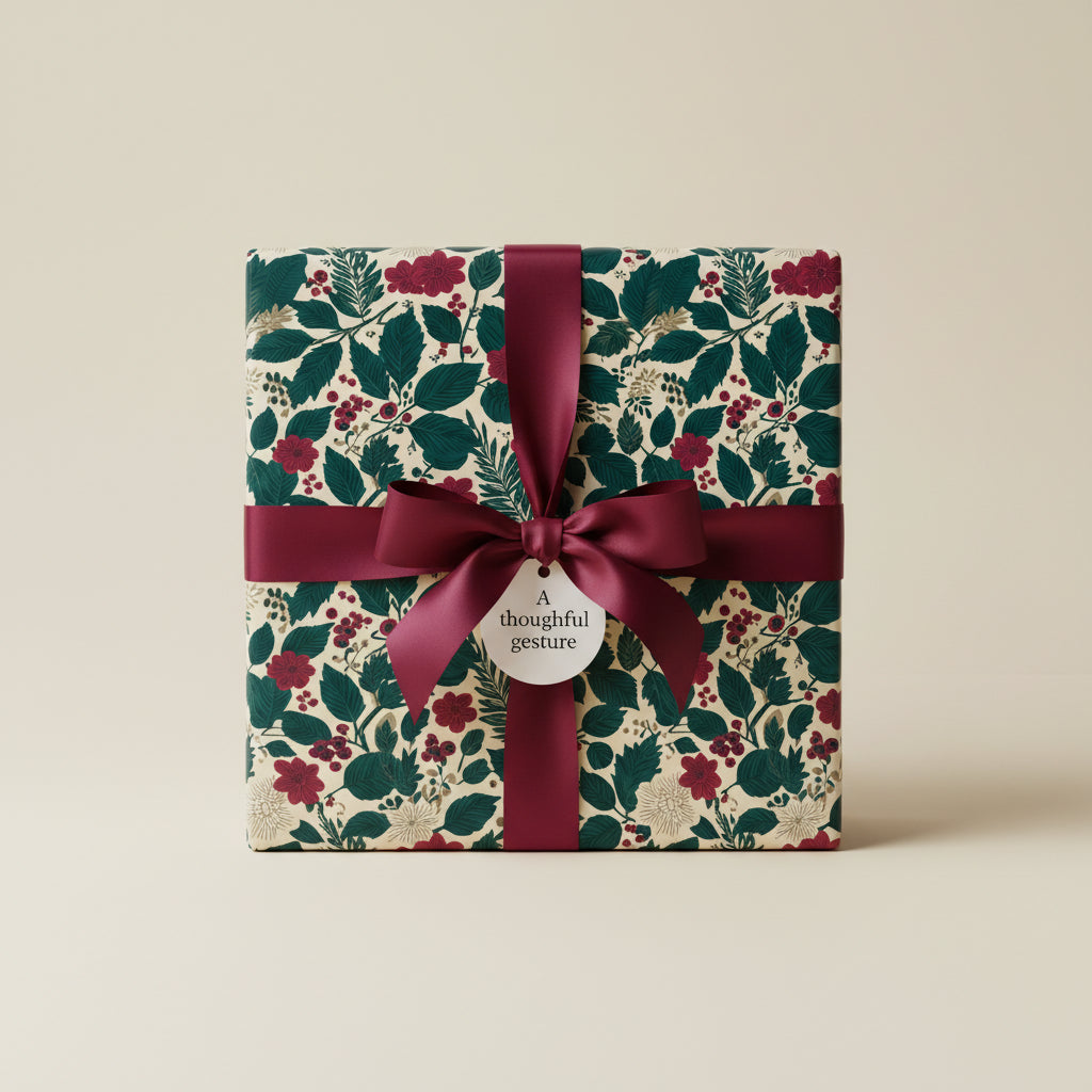 Elegant gift wrapped in botanical floral wrapping paper with a burgundy ribbon and “a thoughtful gesture” tag.