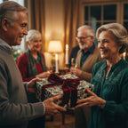 Holiday gift exchange: floral wrapping paper with red velvet ribbon on square present.