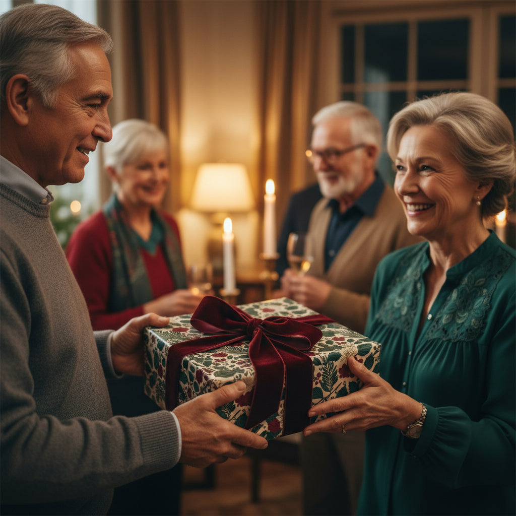 Holiday gift exchange: floral wrapping paper with red velvet ribbon on square present.
