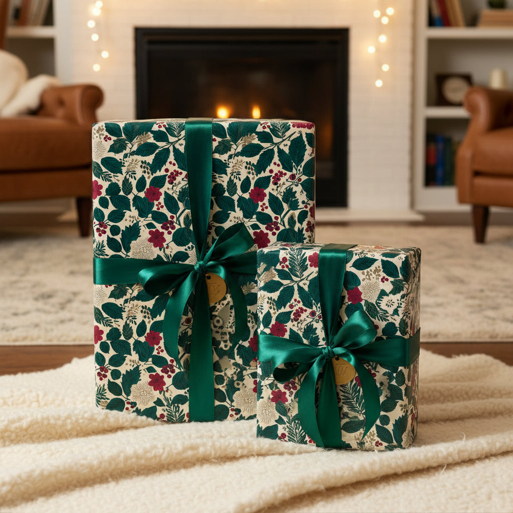 Elegant gifts wrapped in floral Christmas wrapping paper with green satin ribbons, near a fireplace.