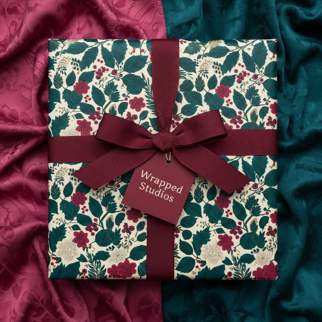 Elegant floral wrapping paper with a burgundy ribbon on a square gift box, perfect for Christmas or any special occasion.