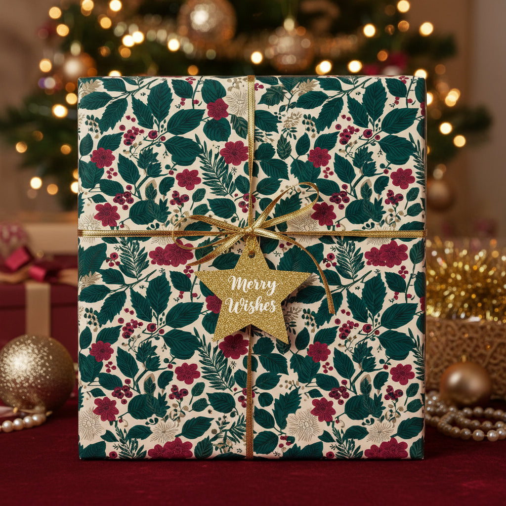 Elegant floral Christmas gift wrap with gold ribbon and "Merry Wishes" star tag.