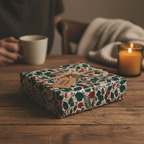 Cozy holiday scene with a present wrapped in floral gift wrap, tied with twine on a rustic wood table.