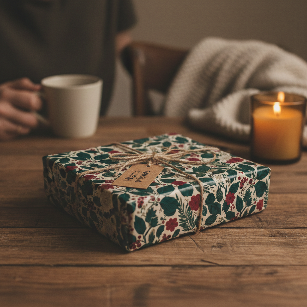Cozy holiday scene with a present wrapped in floral gift wrap, tied with twine on a rustic wood table.