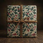 Elegant gift box in floral wrapping paper with twine bow on wood table.