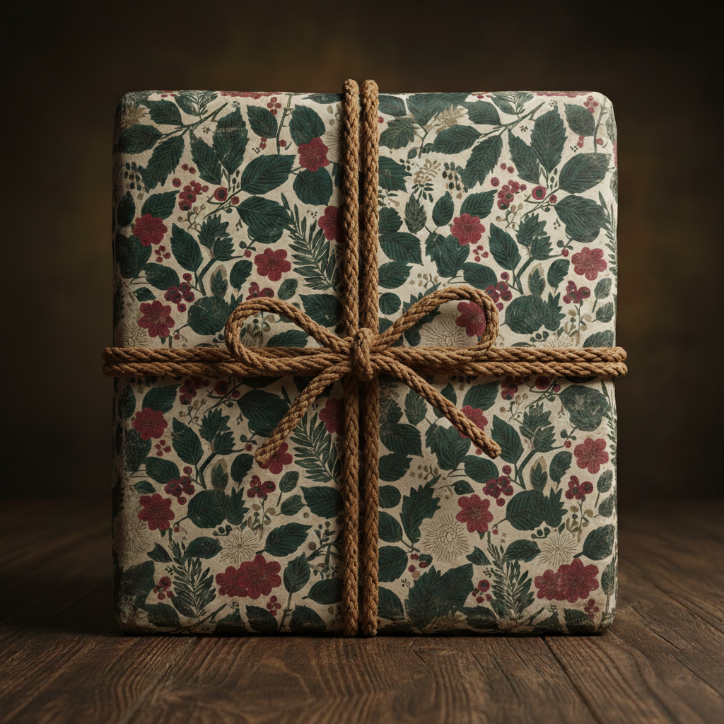Elegant gift box in floral wrapping paper with twine bow on wood table.