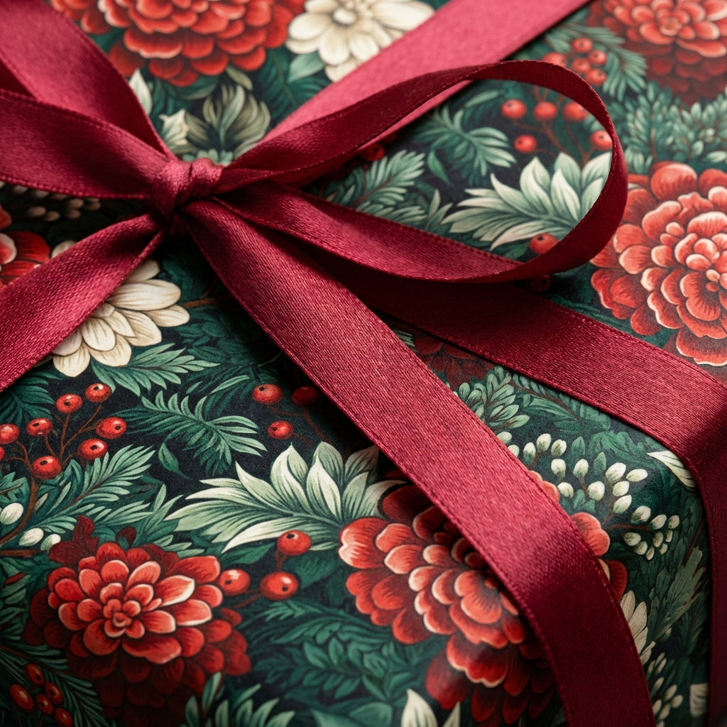 Elegant floral wrapping paper featuring red ribbon and berry accents.