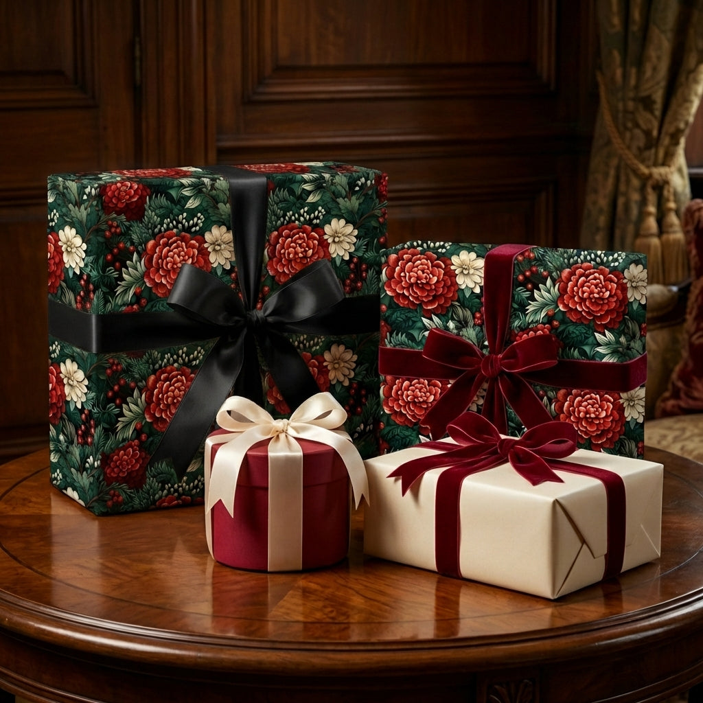 Luxury floral wrapping paper with elegant ribbons on gifts. Wrapped Studios.