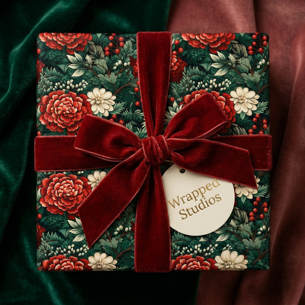 Elegant floral wrapping paper with red velvet ribbon, perfect for Christmas or special occasions by Wrapped Studios.