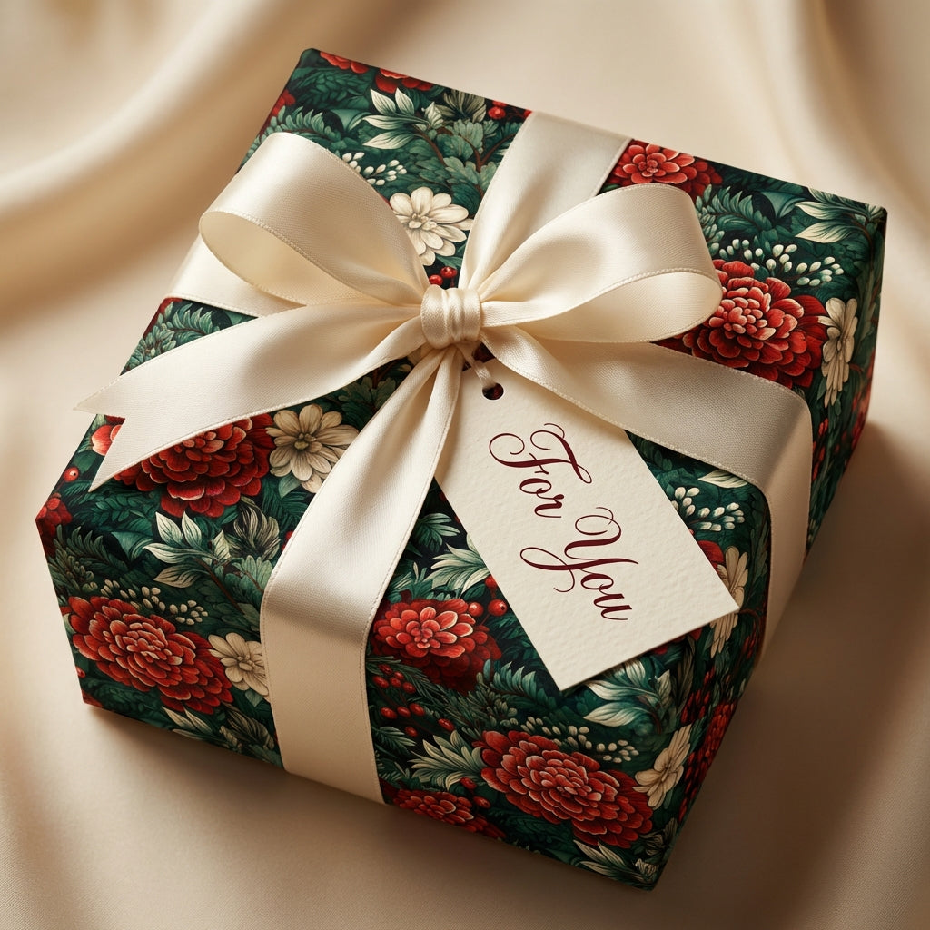 Elegant gift wrapped in dark floral wrapping paper with red and white blooms and a cream ribbon bow.
