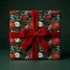 Elegant floral gift wrap with red velvet bow. Wrapped Studios luxury wrapping paper.