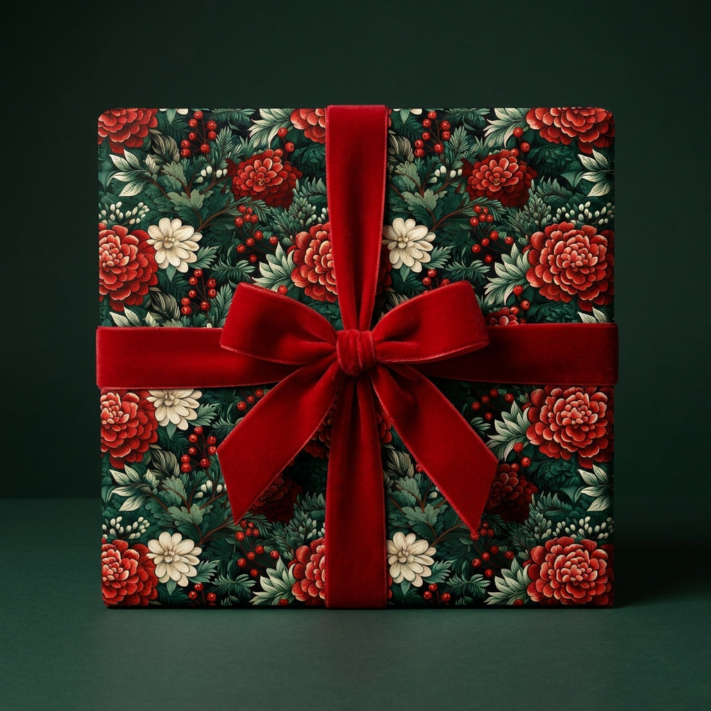 Elegant floral gift wrap with red velvet bow. Wrapped Studios luxury wrapping paper.