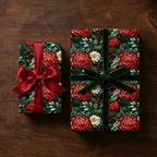 Two gifts wrapped in luxury floral Christmas gift wrap with velvet ribbons.