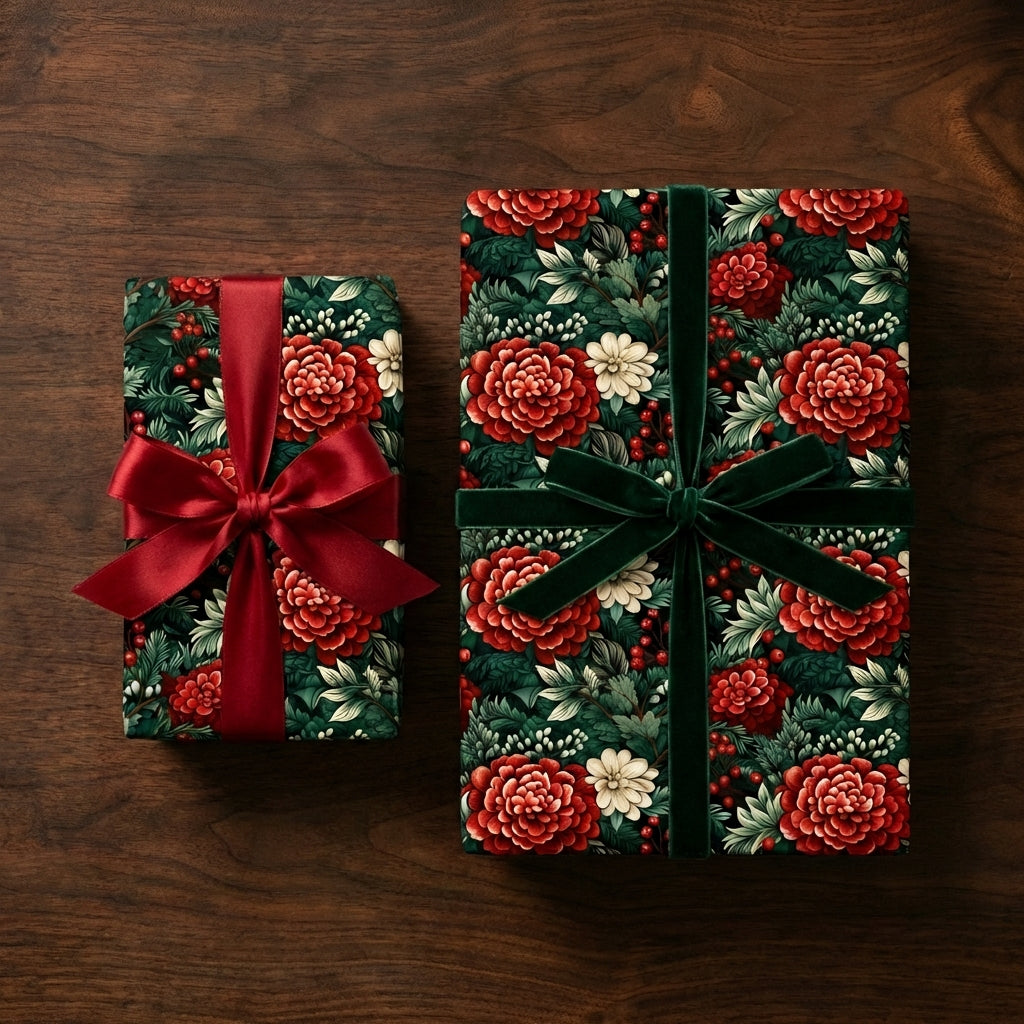 Two gifts wrapped in luxury floral Christmas gift wrap with velvet ribbons.