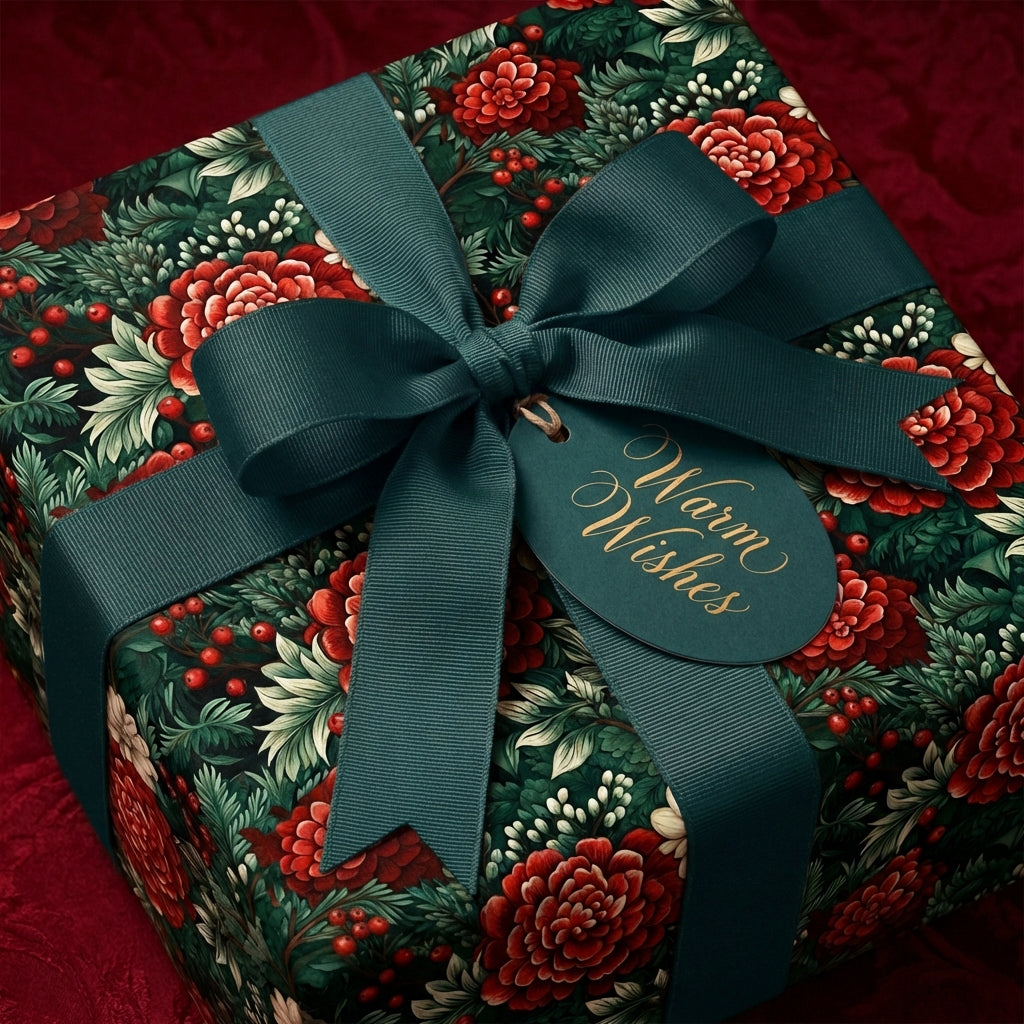Elegant square gift box wrapped in floral Christmas gift wrap with a teal ribbon and "Warm Wishes" tag.