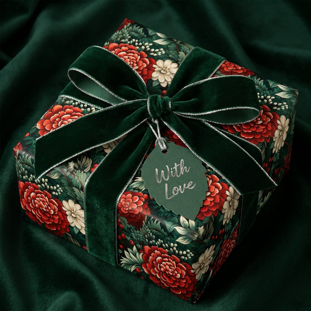Elegant floral wrapping paper with green velvet ribbon and "With Love" tag.