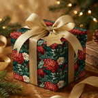 Elegant Christmas floral wrapping paper on a gift box with gold ribbon and "Season's Greetings" tag.