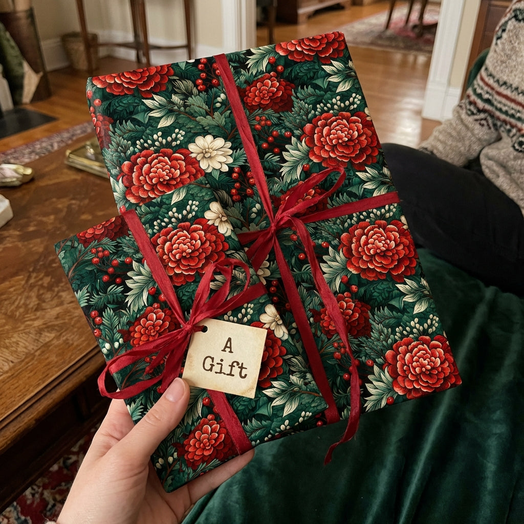 Hand holds gifts wrapped in vintage floral wrapping paper with red ribbon.