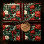 Wrapped Studios floral wrapping paper featuring red and white flowers, berries, and velvet ribbon.