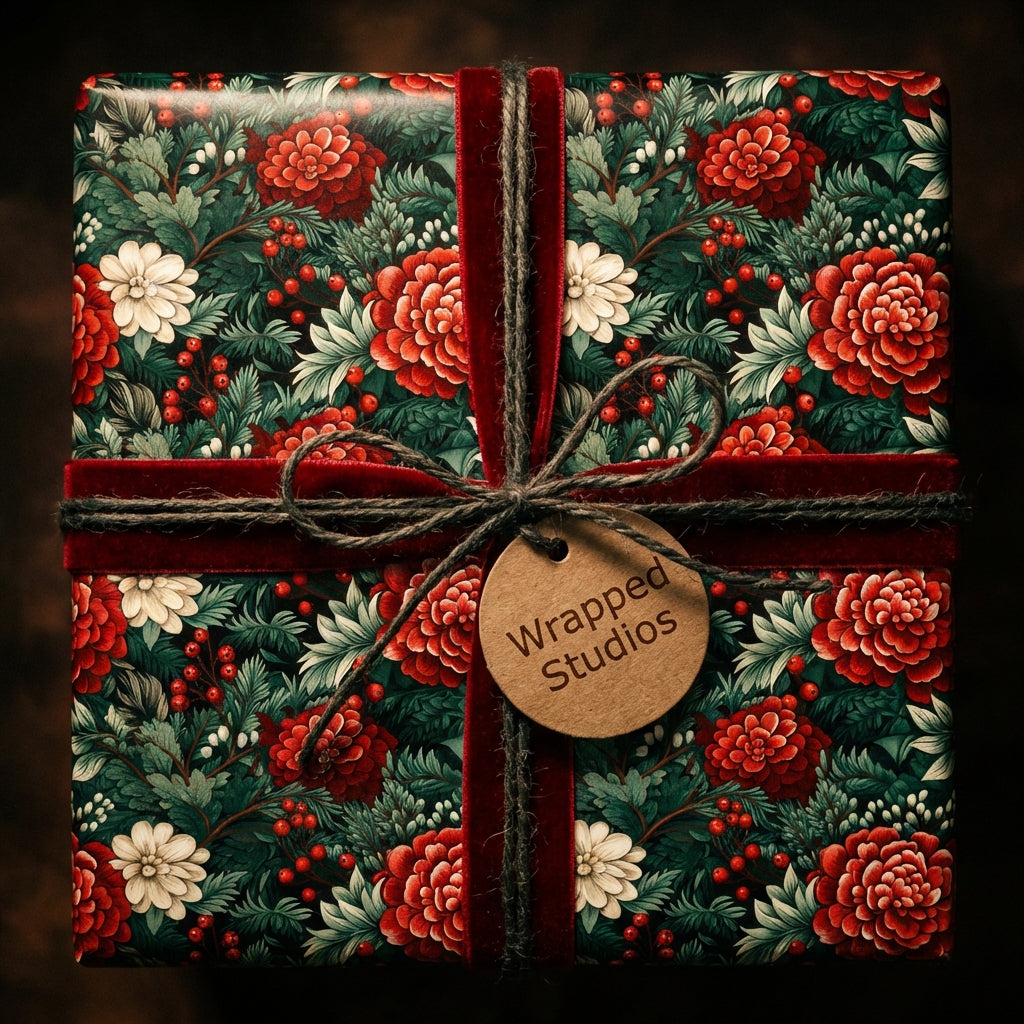 Wrapped Studios floral wrapping paper featuring red and white flowers, berries, and velvet ribbon.